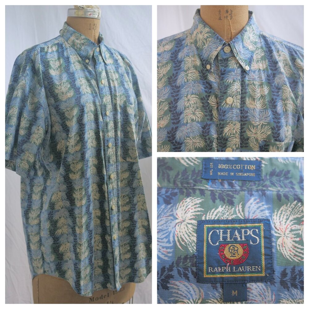 vtg RALPH LAUREN Chaps Blue Palm Tree Hawaiian Shirt S/S Preppy Cruise M EUC